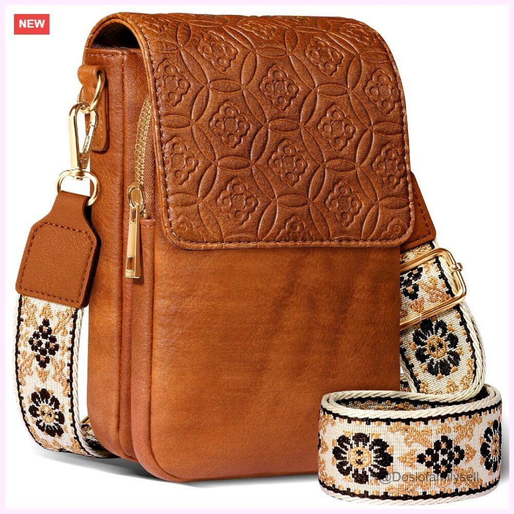 Genuine Leather Crossbody Bag with Adjustable Guitar Strap & Card Slots